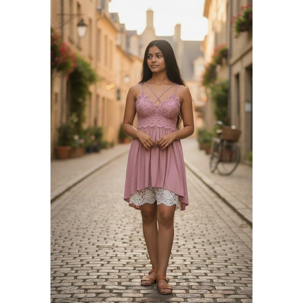 Zenana‎ Womens Mauve Pink Lace Bodice Boho Babydoll High Low Dress Medium